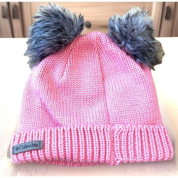 Pink Columbia Youth Snow Pom Beanie Cat Ears One Size Columbia Pink Double Pom - Picture 1 of 9